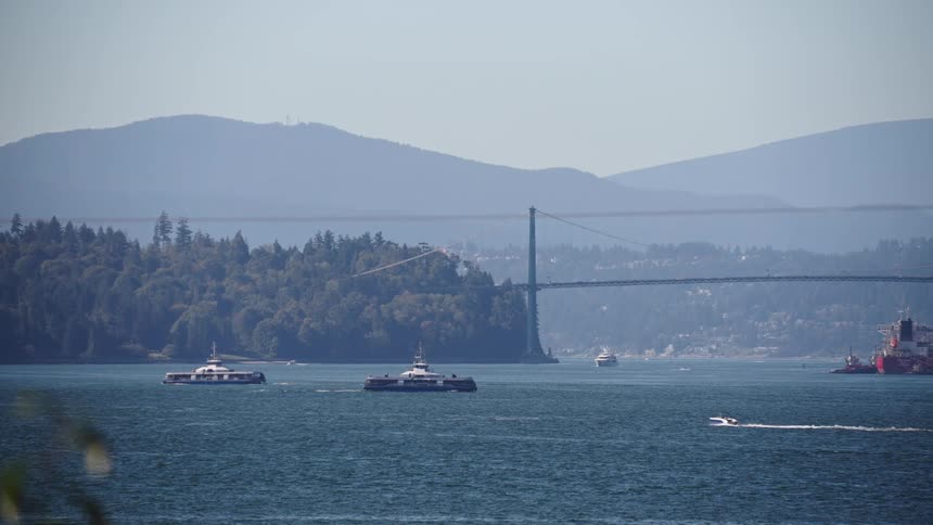 Suspension bridge connects two shores over waters navigated by vessels