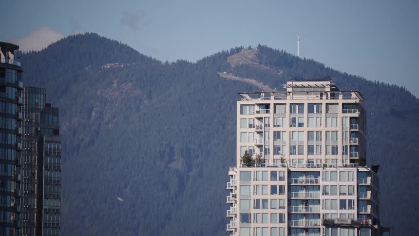A static shot shows modern highrise buildings against a mountain backdrop as several small birds fly through the frame