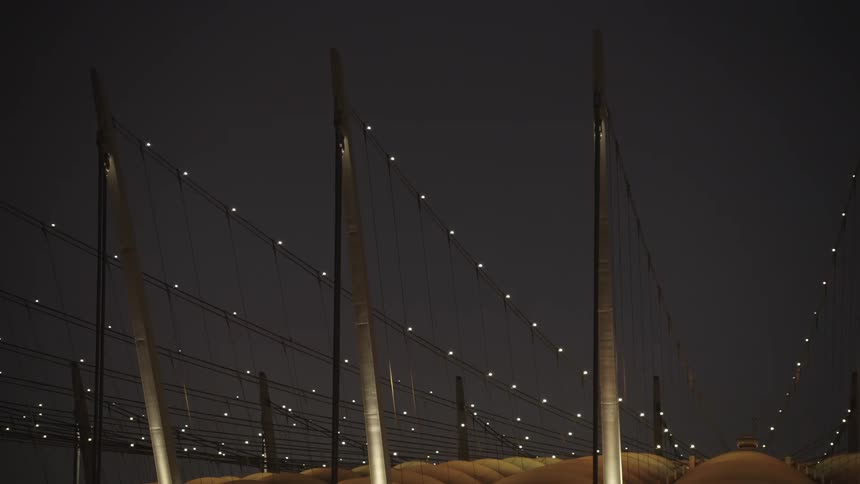 A geometric stadium roof is illuminated from below at night with tall vertical poles and strands of tiny white lights forming a web overhead against a dark sky