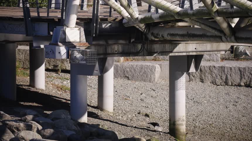 This wide static shot captures the concrete support structure of a bridge or overpass near the waters edge on a sunny day the foundation consists of multiple gray cylindrical pillars resting on a bed of exposed gravel and rocks with sun reflecting