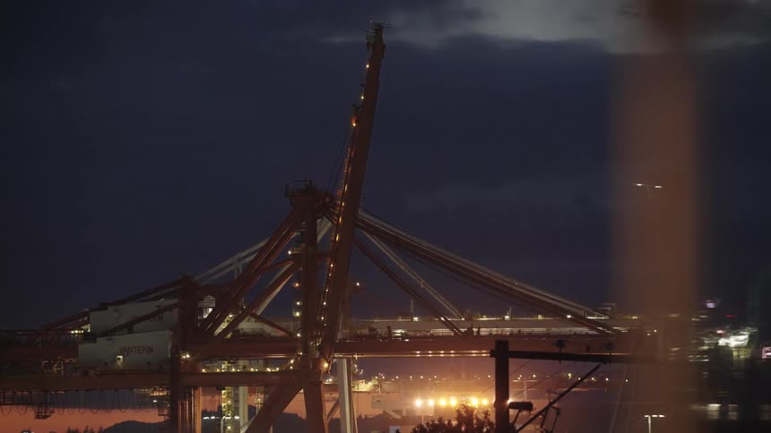 Several large metal cranes in a shipping port are illuminated with construction lights against a dark night sky viewed from an elevated perspective