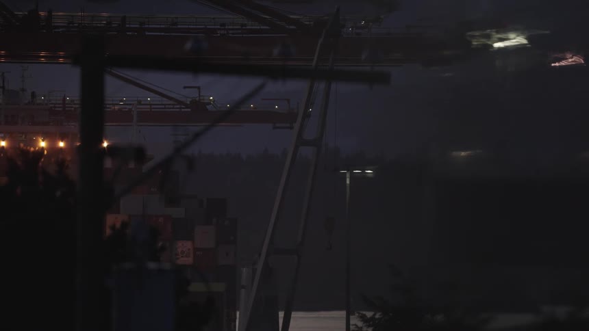Cranes and containers are shown on a shipping port at night