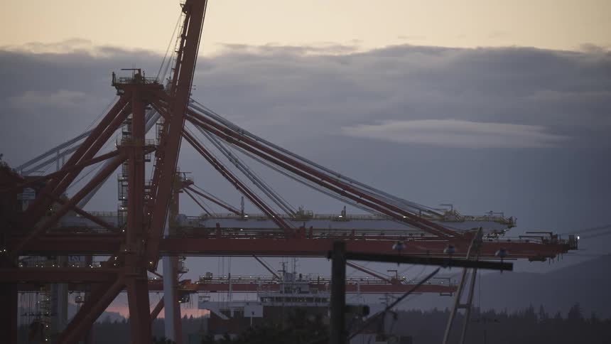 Large crisscrossed metal framework of multiple port cranes with a ship visible below all silhouetted against a cloudy sky at dawn or dusk