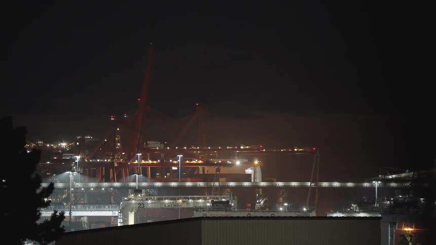 A timelapse of a brightly lit port glows under a dark night sky cranes and catwalks silhouetted in a calm industrial scene