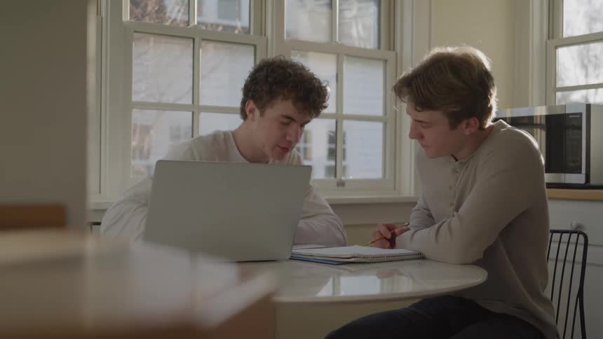 Two young men wearing light gray longsleeve shirts sit at a kitchen table with a laptop and notebooks focusing on their schoolwork while bright daylight streams in through a large window