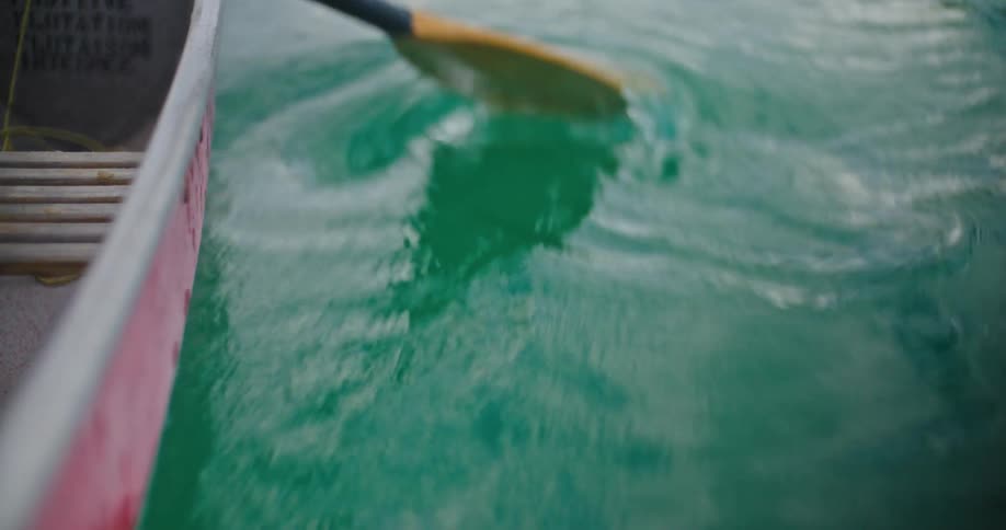 Person moves paddle in greenish water with edge of vessel visible on the left