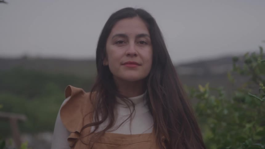 A woman with long dark hair in a natural landscape in the blurred background