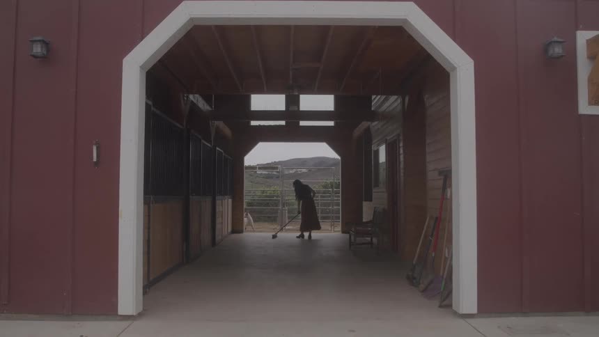 A woman sweeps the floor of a large barn aisle with horse stalls lining the walls and a view of a goat and distant hills through the open far end