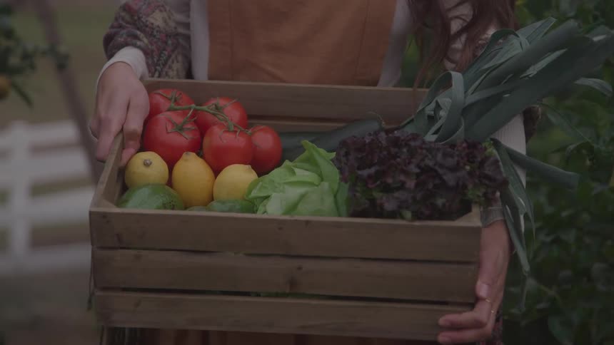 A woman carries a wooden crate filled with various fruits and vegetables