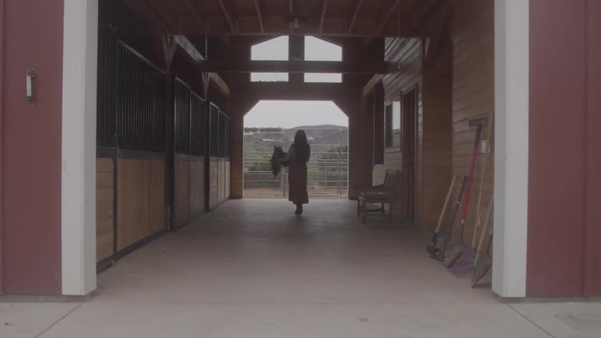 Woman walking through a stable carrying green leaves