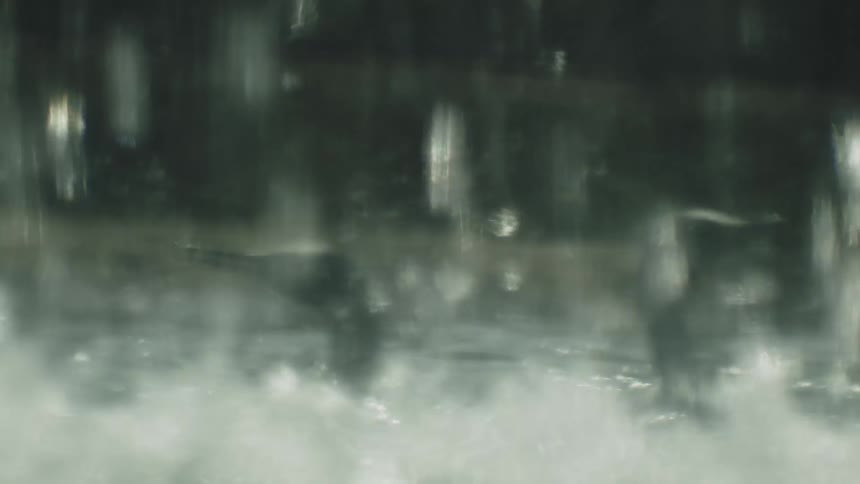A close view shows heavy continuous sheets of rain pouring down onto a puddle with ducks splashing water obscuring the dark background of trees and grass