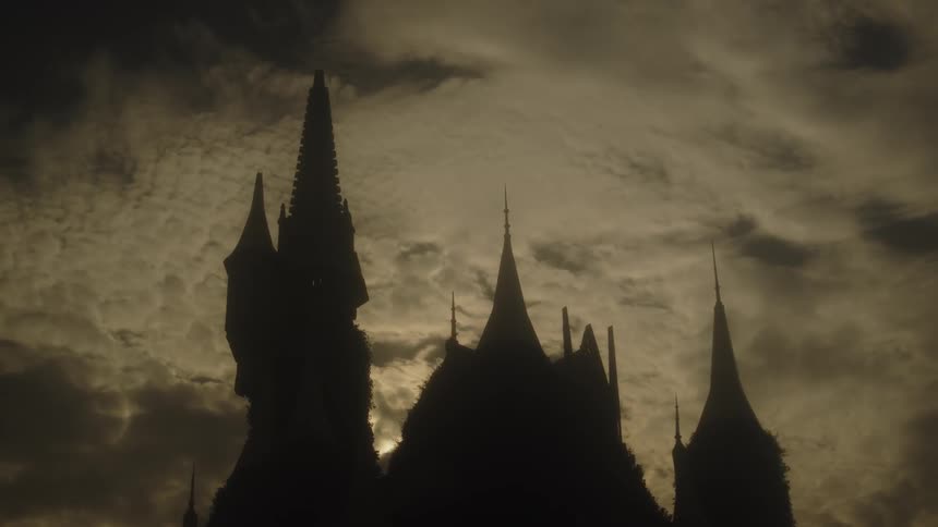 Birds fly over the large castle