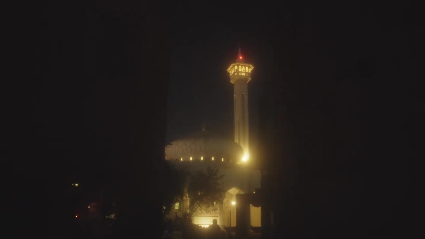The minaret of the white mosque rises against the night sky