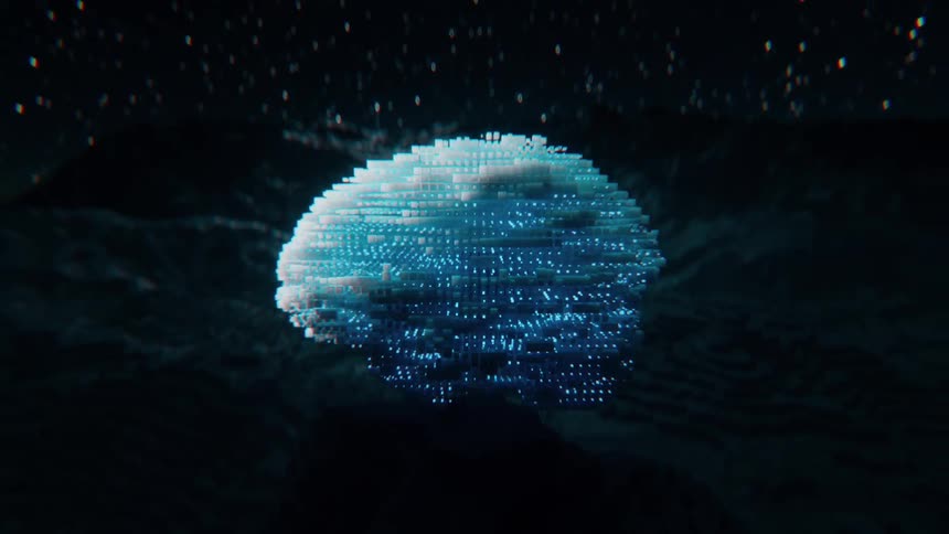 A blue cgi AI brain made up of pixelated streams of information