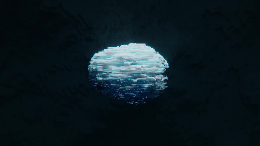 Digital AI Brain made of luminous data voxels floating in the dark