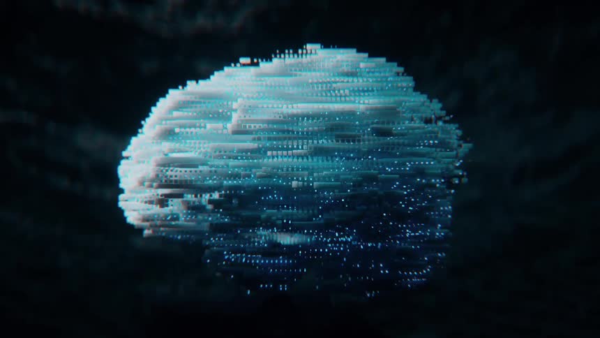 A blue cgi AI brain made up of pixelated streams of information