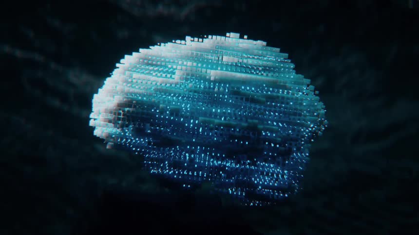Closeup of glowing pixels forming an abstract AI Brain in darkness