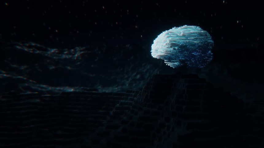 Blue digital AI Brain glowing above a dark surface in a cosmic environment