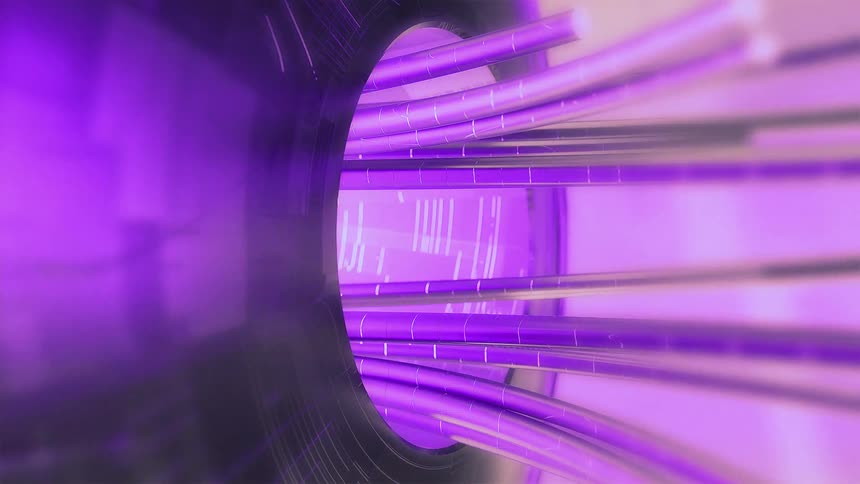 A dynamic cgi animation shows a closeup of a circular glowing purplehued portal or tunnel entrance sleek cables or fiber optic lines begin to shoot and stream through the center suggesting rapid data transmission or energy flow