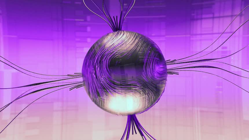 A glossy purplesilver sphere with swirling grooves radiates cablelike tendrils against a luminous lavender futuristic backdrop