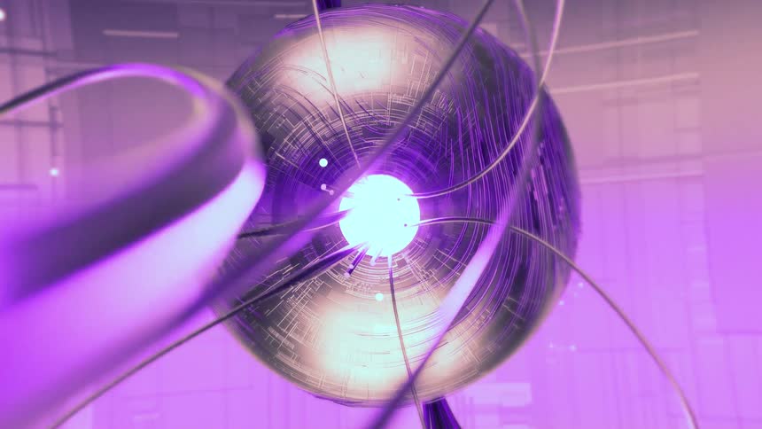 A hightech cgi animation shows a large verticallyoriented metallic orb with a glowing textured surface reminiscent of a data core or futuristic device curved glowing tendrils or energy conduits rapidly emerge from and wrap around the
