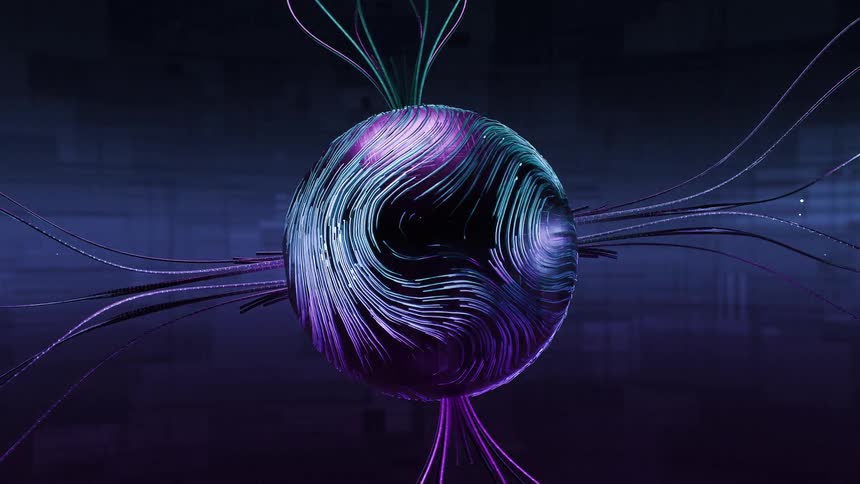 A luminous sphere of intertwined violet and blue energy strands hovers in a dark digital void with glowing filamentlike cables radiating outward as if transmitting streams of data through a living neural core