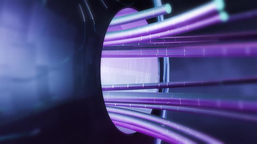 A futuristic cgi animation features a closeup of a dark metallic circular aperture or portal suddenly multiple thick glowing purple cables or data conduits shoot out of the opening and arc away signifying a burst of highspeed data tran