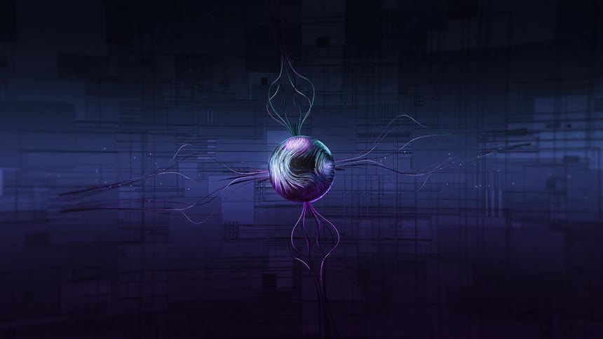 A glowing purpleteal orb with wispy tendrils floats in a dark futuristic grid like a biotech node