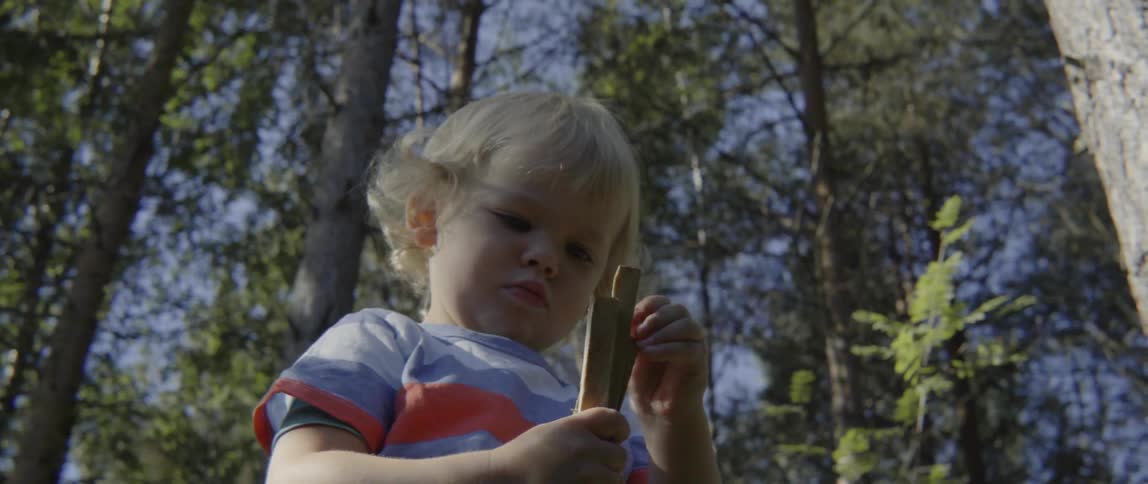 Young toddler boy with curly hair playing with a stick during a forest hike.