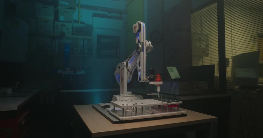 Robot arm places an object in a small workshop located near an office