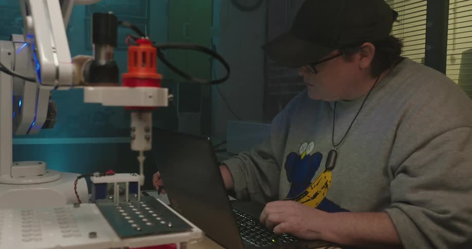 A young woman wearing a hat and glasses works on a 3d printing model placed in front of her