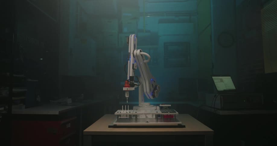 Illuminated robotic arm positioned on a table in a laboratory setting