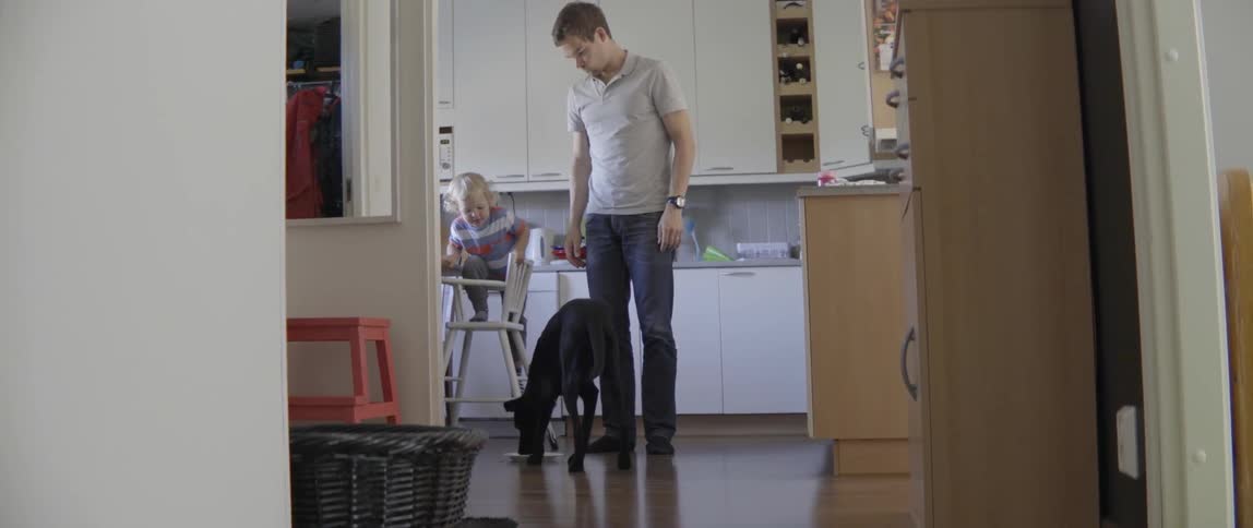 Dog watches a child in a high chair and a man helps the child down
