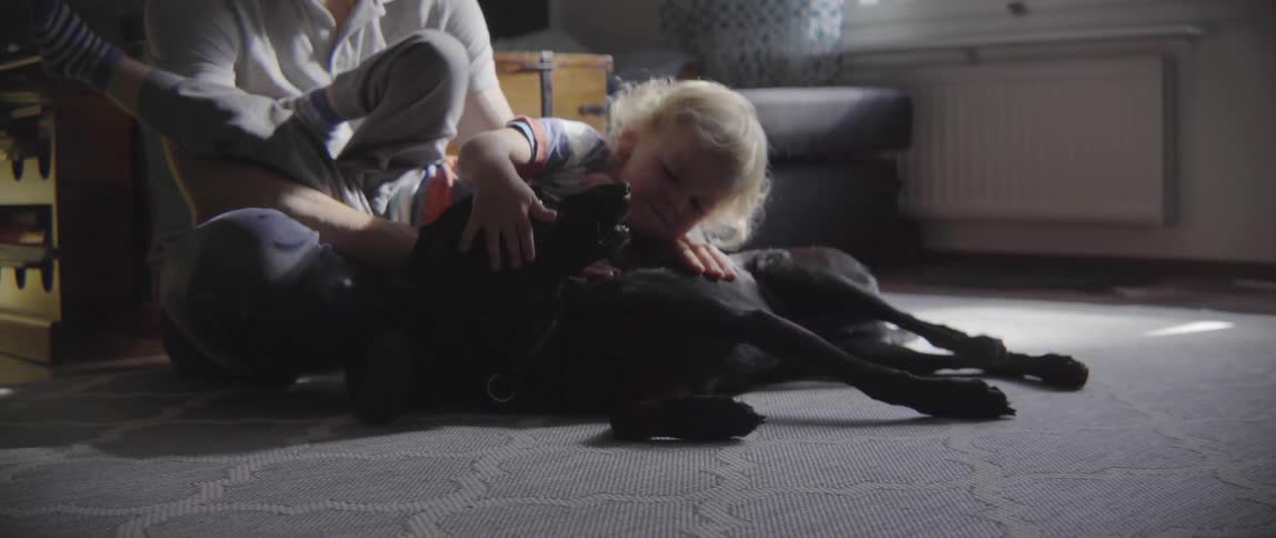 A boy plays around on the ground with a parent and dog