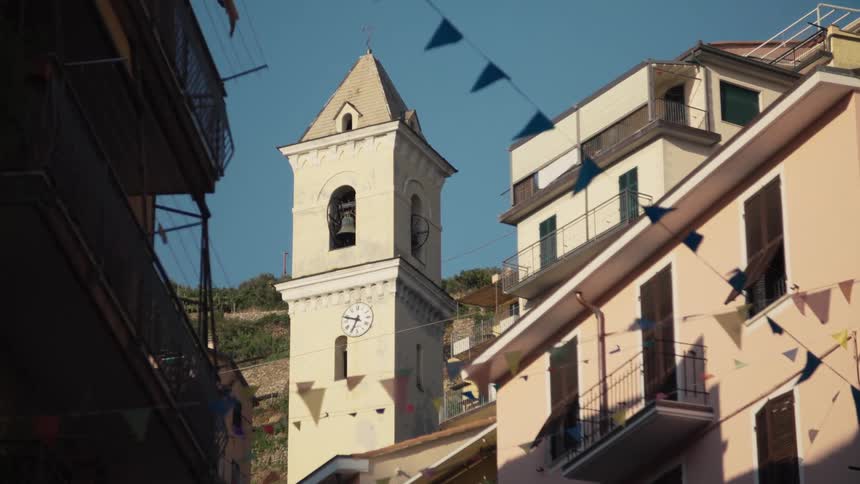 A bell tower is in the village