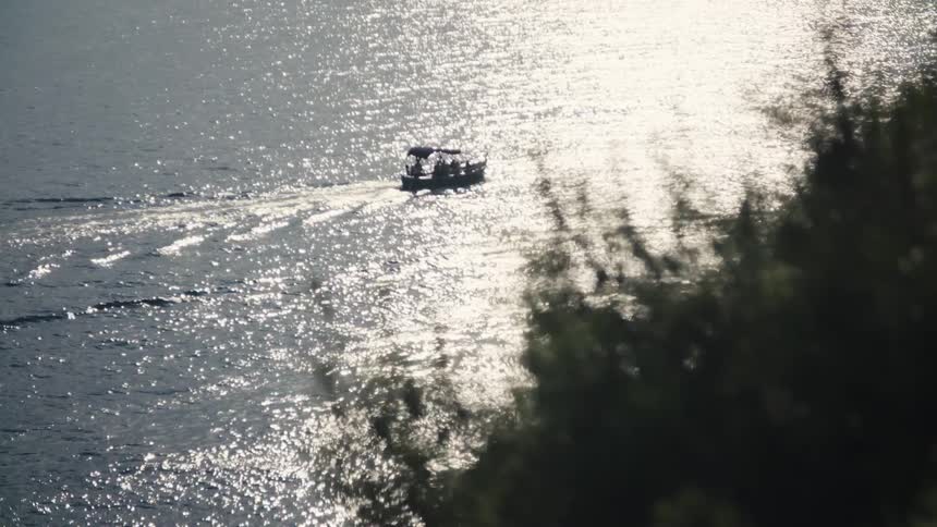 The boat transports people past the shore line