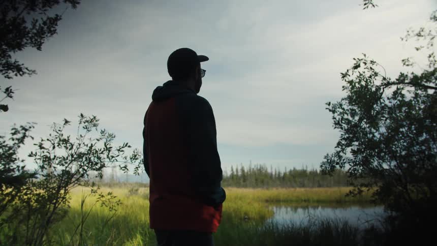 The man looks out over the swamp