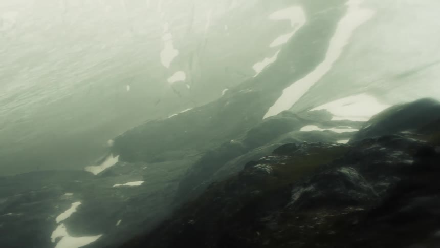 Two hooded figures sit on a wet rocky ridge in dense fog appearing quiet and contemplative