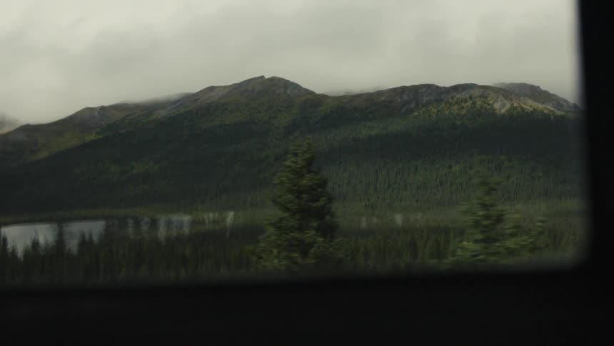 A camera shot taken from a moving vehicle passes evergreen trees in the foreground and reveals a large forested mountain range descending to a flat lake under a cloudcovered sky