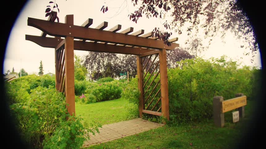 A wooden pergola frames a small brick path leading into a lush garden seen through a soft vignette