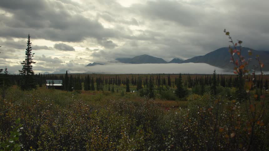 An open grassland with a hut nestled among the trees set against a backdrop of mountain ranges