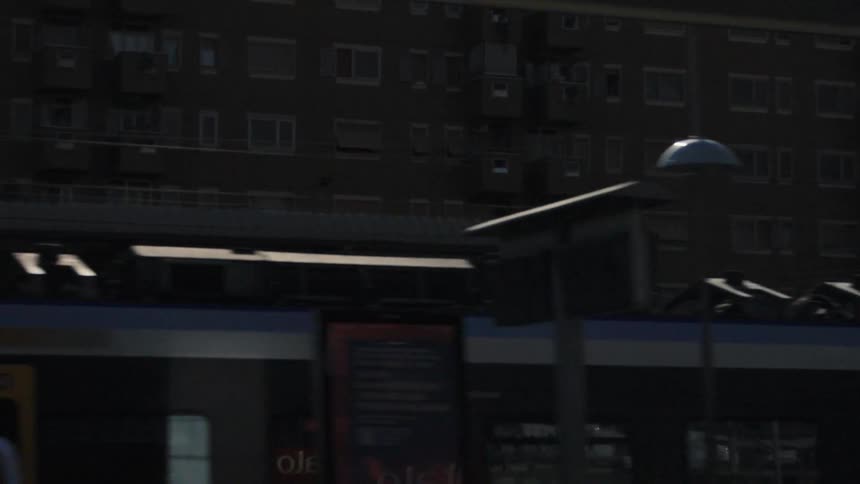 Modern train stands at a platform illuminated by daylight