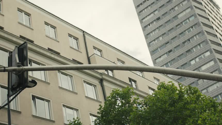 A camera looks upward past a traffic light post and tree foliage to frame two large urban buildings