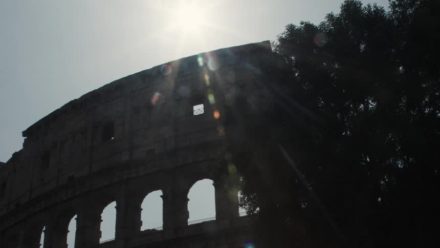 Sun flares halo the colosseums upper rim its arcaded walls silhouetted beside a dark treesun flares halo the colosseums upper rim its arcaded walls silhouetted beside a dark tree