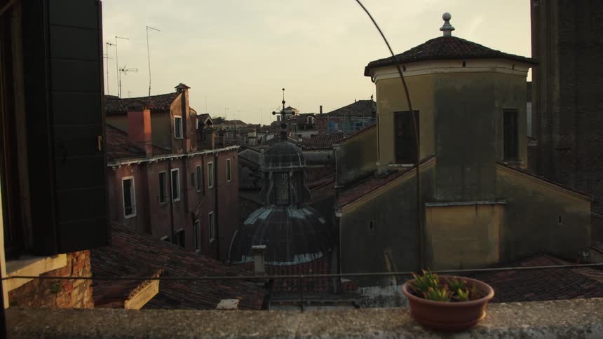 A church is surrounded by homes