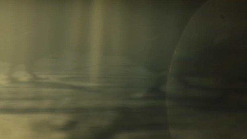 The video is an abstract heavilyfiltered shot dominated by a warm hazy and sometimes blinding vertical lens flare blurred shapes move in the foreground suggesting a person or figure walking through the intense light