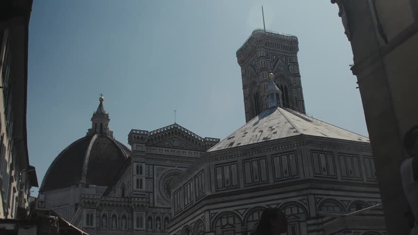 The tourists pass by the church on a sunny day