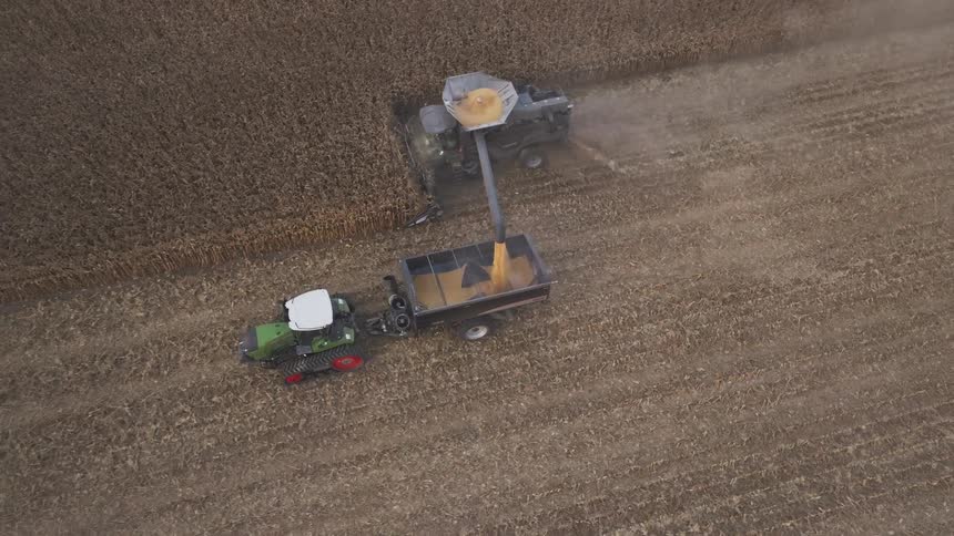 Agricultural machine unloading grains into a trailer during field harvest