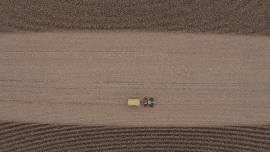 Aerial view of a combine harvester driving down a vast cornfield