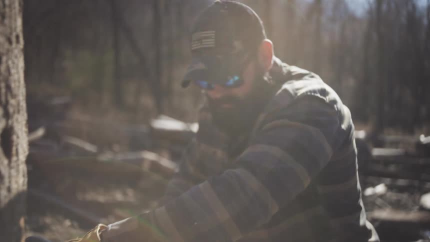 In a sun drenched dusty forest a man in a plaid shirt uses a chainsaw to cut down a tree
